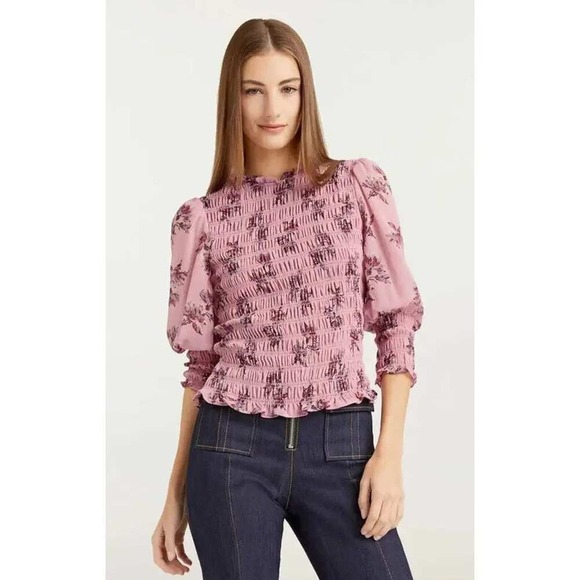 Cinq à Sept Tops - Cinq a Sept Pink Floral Smocked Chiffon Blouse